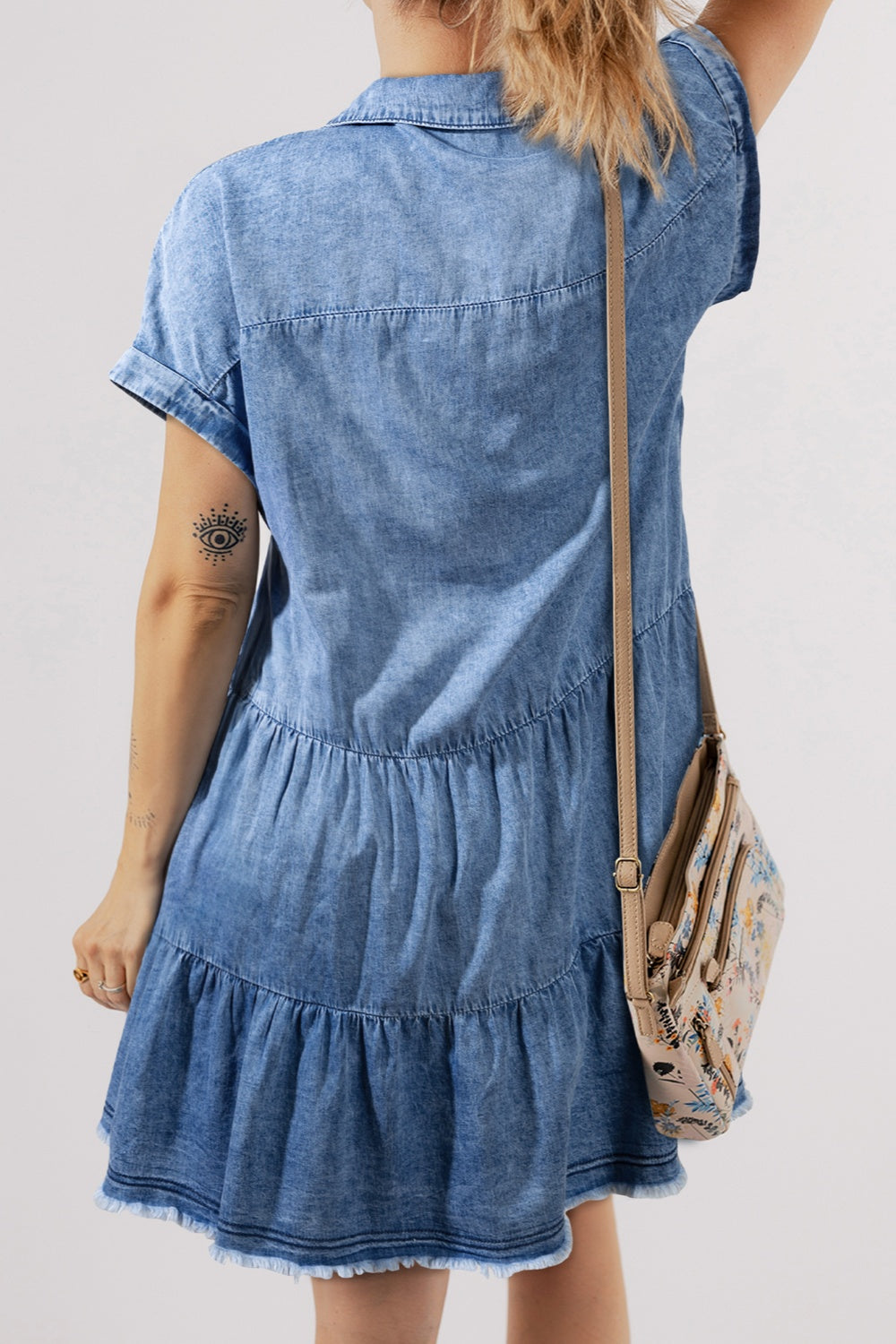 Raw Hem Collared Neck Short Sleeve Denim Dress - Luxe4Everyday Dress