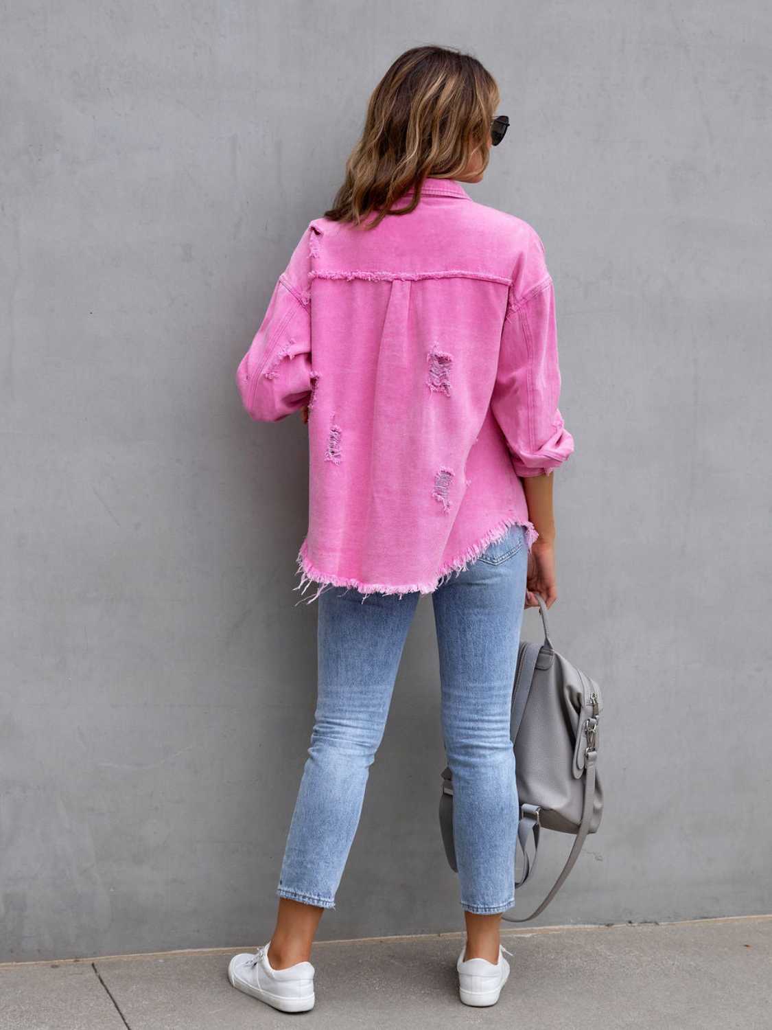 Distressed Drop Shoulder Denim Jacket - Luxe4Everyday Hot Pink / S Jacket