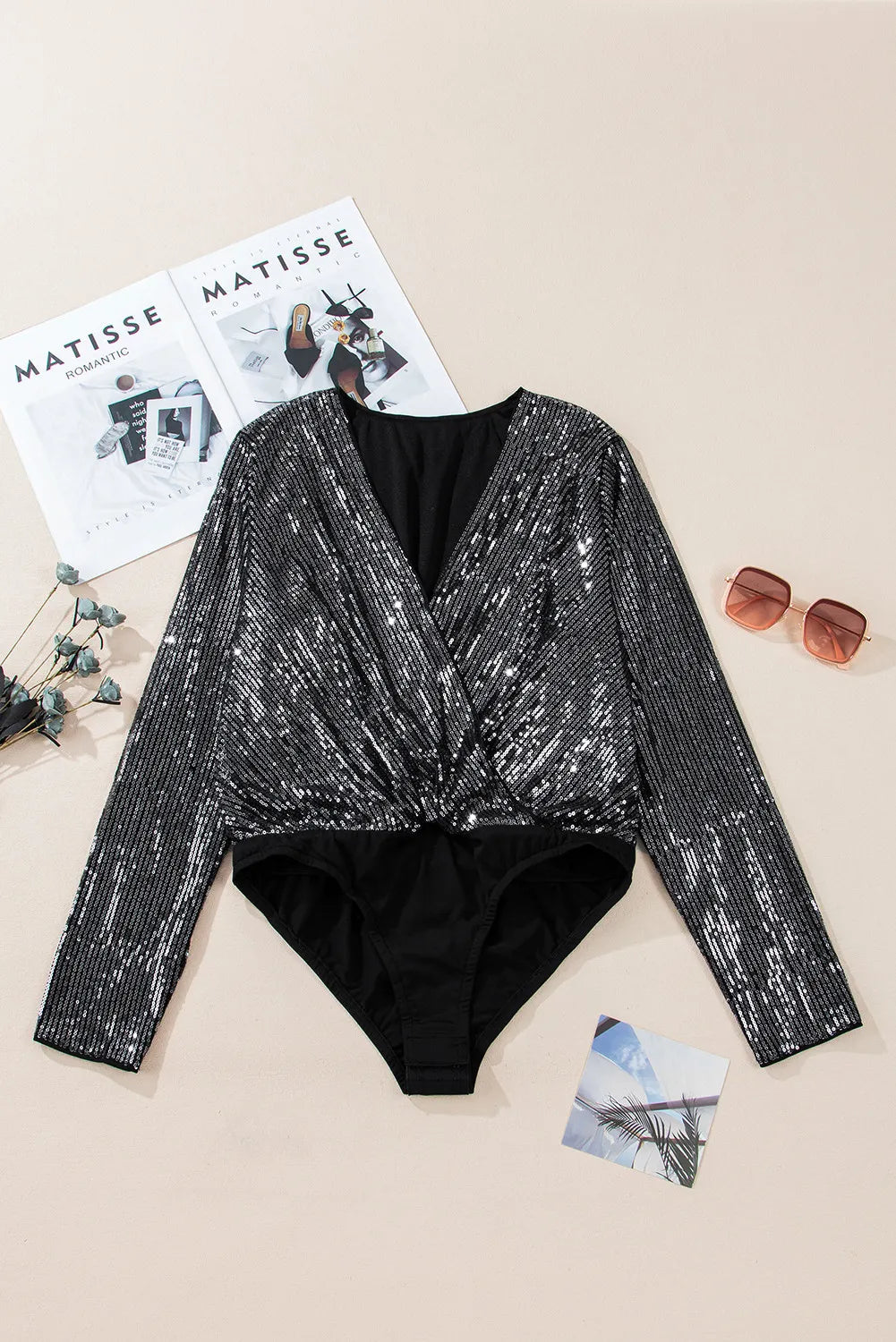 Sequin Surplice Long Sleeve Bodysuit - Luxe4Everyday Bodysuit