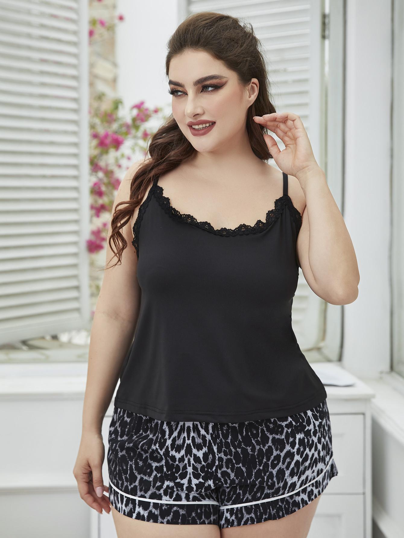 Plus Size Lace Trim Scoop Neck Cami and Printed Shorts Pajama Set - Luxe4Everyday Black Plaid / 1XL Pajamas