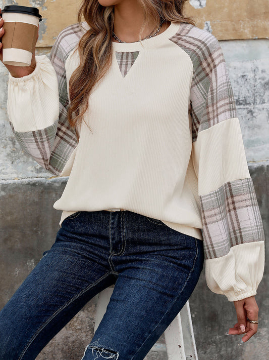 Perfee Plaid Round Neck Long Sleeve Sweatshirt - Luxe4Everyday Cream / S Sweater