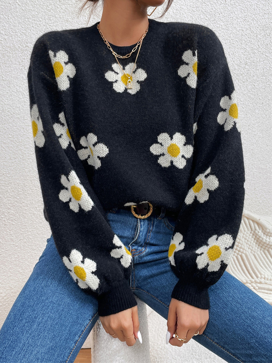 Flower Round Neck Latern Sleeve Sweater - Luxe4Everyday Sweater