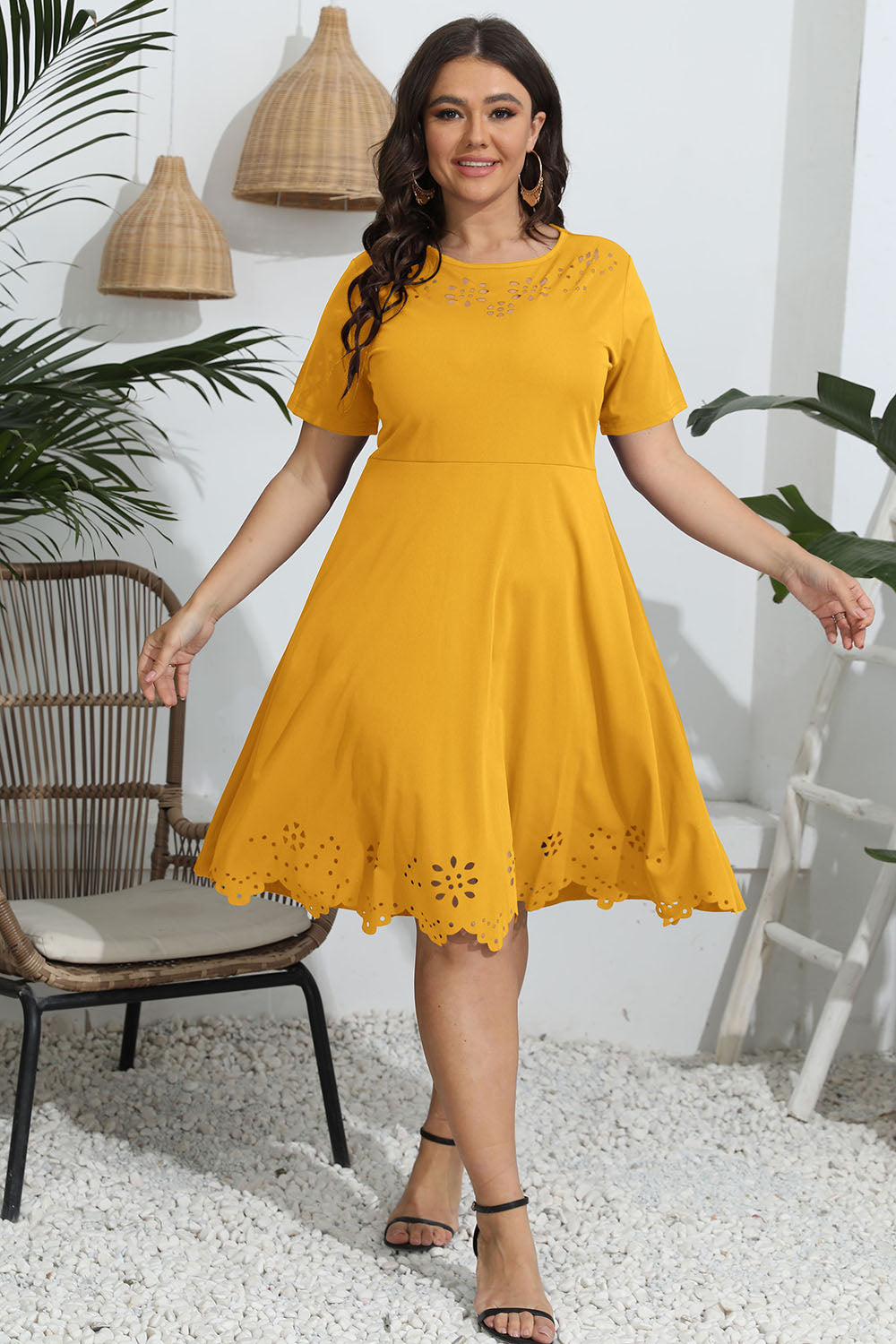 Plus Size Round Neck Openwork Dress - Luxe4Everyday Mustard / L Dress