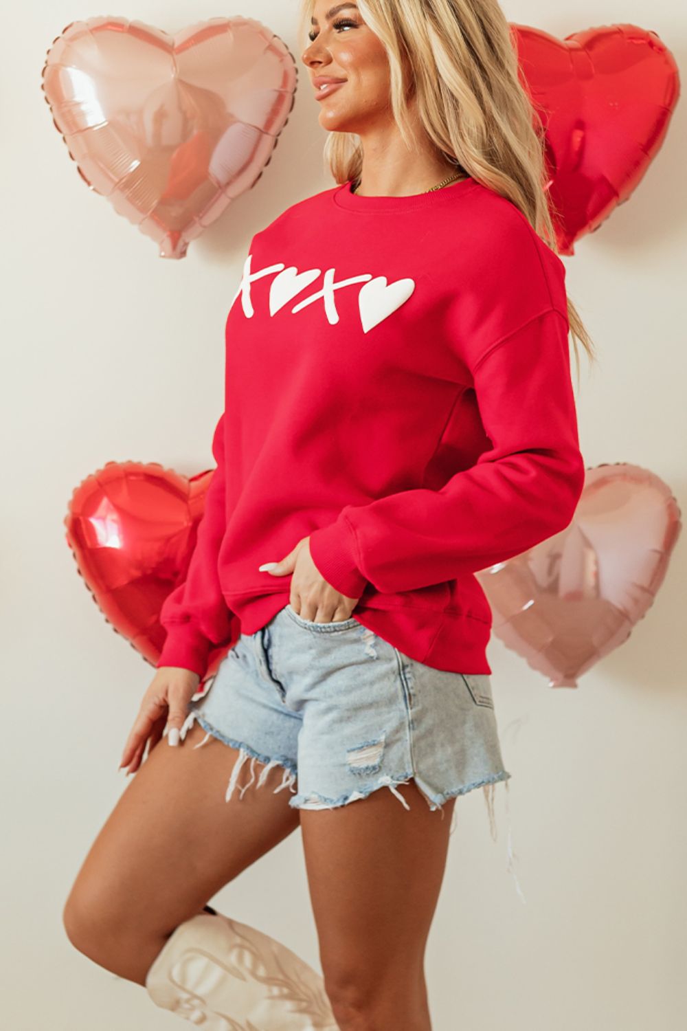 Valentine’s Day XOXO Round Neck Drop Shoulder Sweatshirt - Luxe4Everyday Red / S Sweater