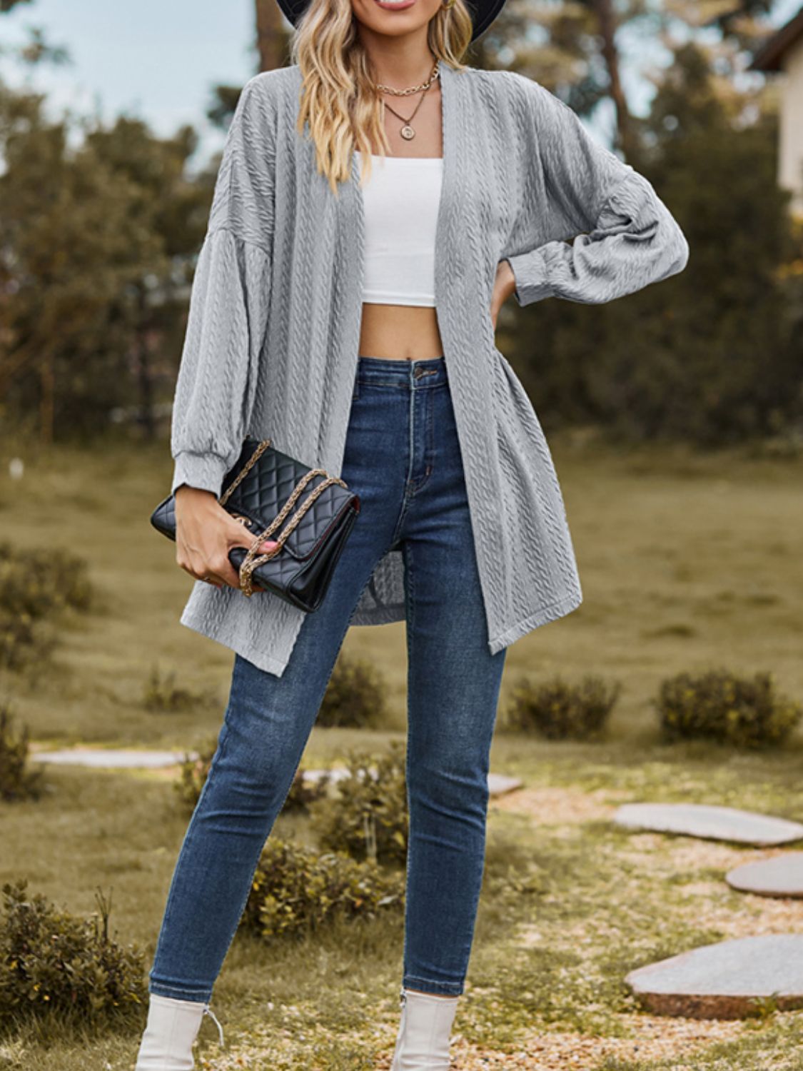 Textured Open Front Dropped Shoulder Cardigan - Luxe4Everyday Gray / S Jacket