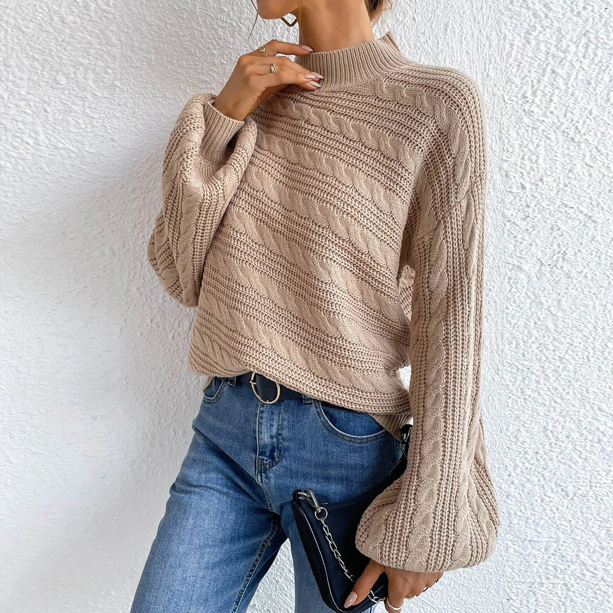 Cable-Knit Mock Neck Long Sleeve Sweater - Luxe4Everyday Sweater