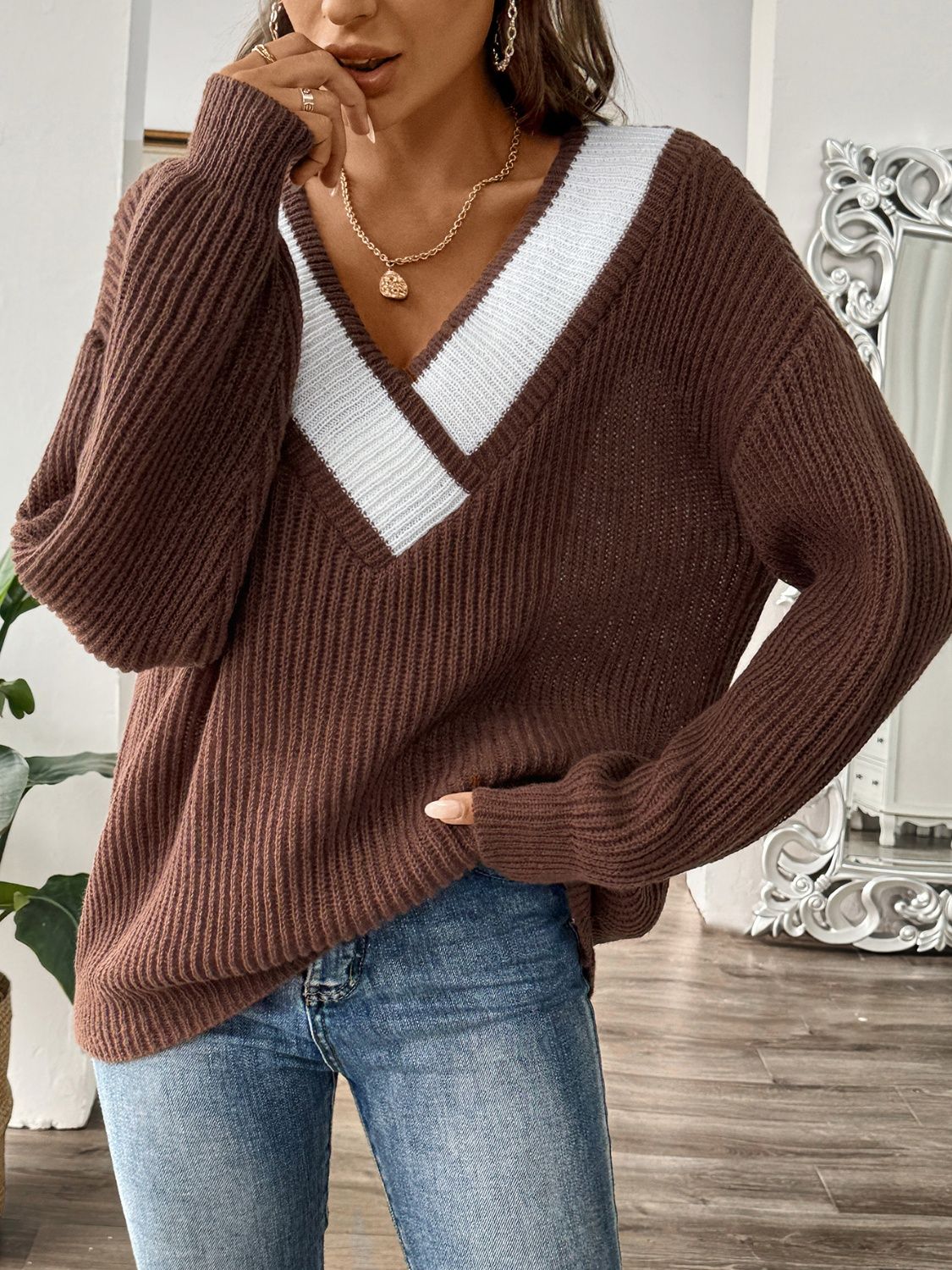 Contrast Dropped Shoulder Long Sleeve Sweater - Luxe4Everyday Sweater