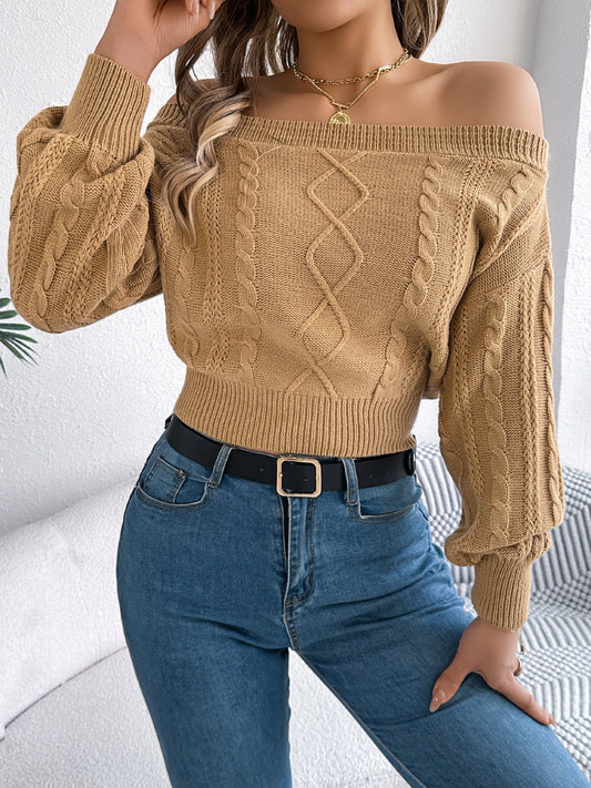 Cable Knit Off-Shoulder Long Sleeve Sweater - Luxe4Everyday Camel / S Sweater