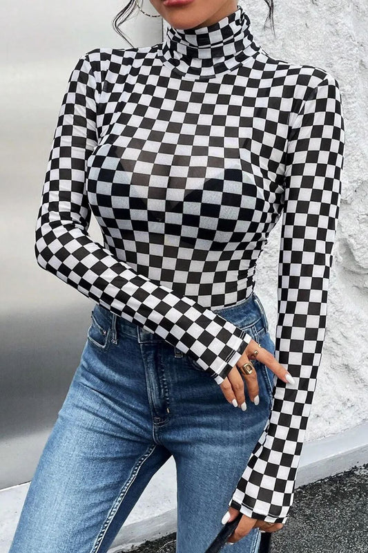 Checkered Turtleneck Long Sleeve Bodysuit - Luxe4Everyday Black / S Bodysuit