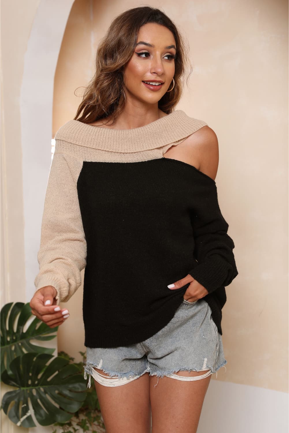 Asymmetrical Long Sleeve Two-Tone Cutout Sweater - Luxe4Everyday Black / S Sweater