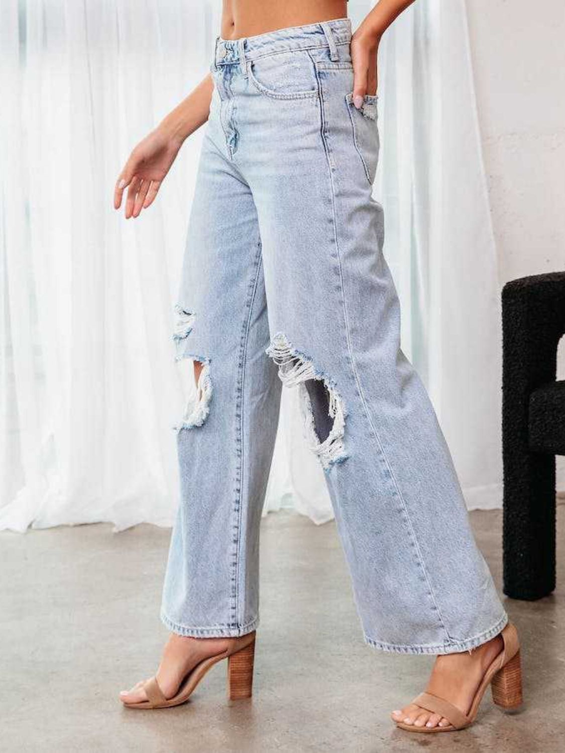 Distressed Wide Leg Jeans with Pockets - Luxe4Everyday Jeans