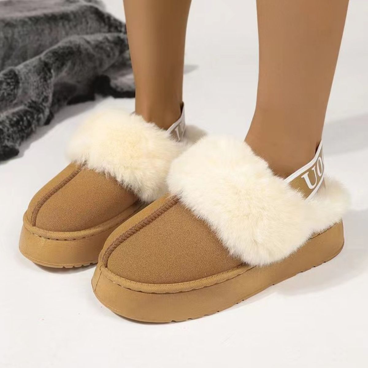 Plush Platform Slippers with Letter Strap - Luxe4Everyday Camel / 36(US5) shoes