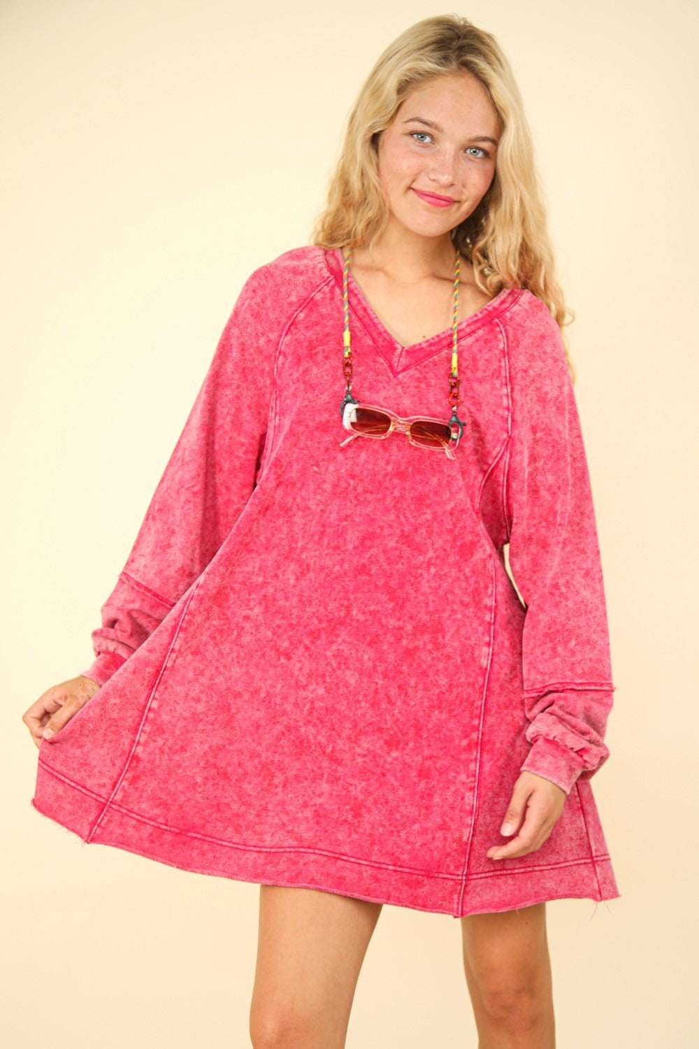 VERY J Mineral Washed Oversized A-Line Mini Dress - Luxe4Everyday Magenta / S Dress