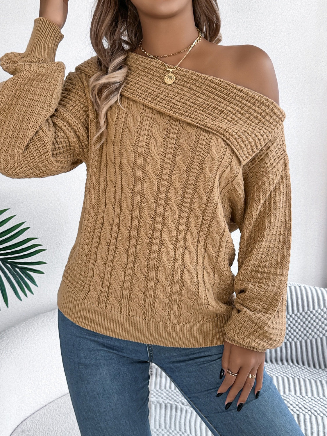 Cable-Knit One Shoulder Long Sleeve Sweater - Luxe4Everyday Sweater