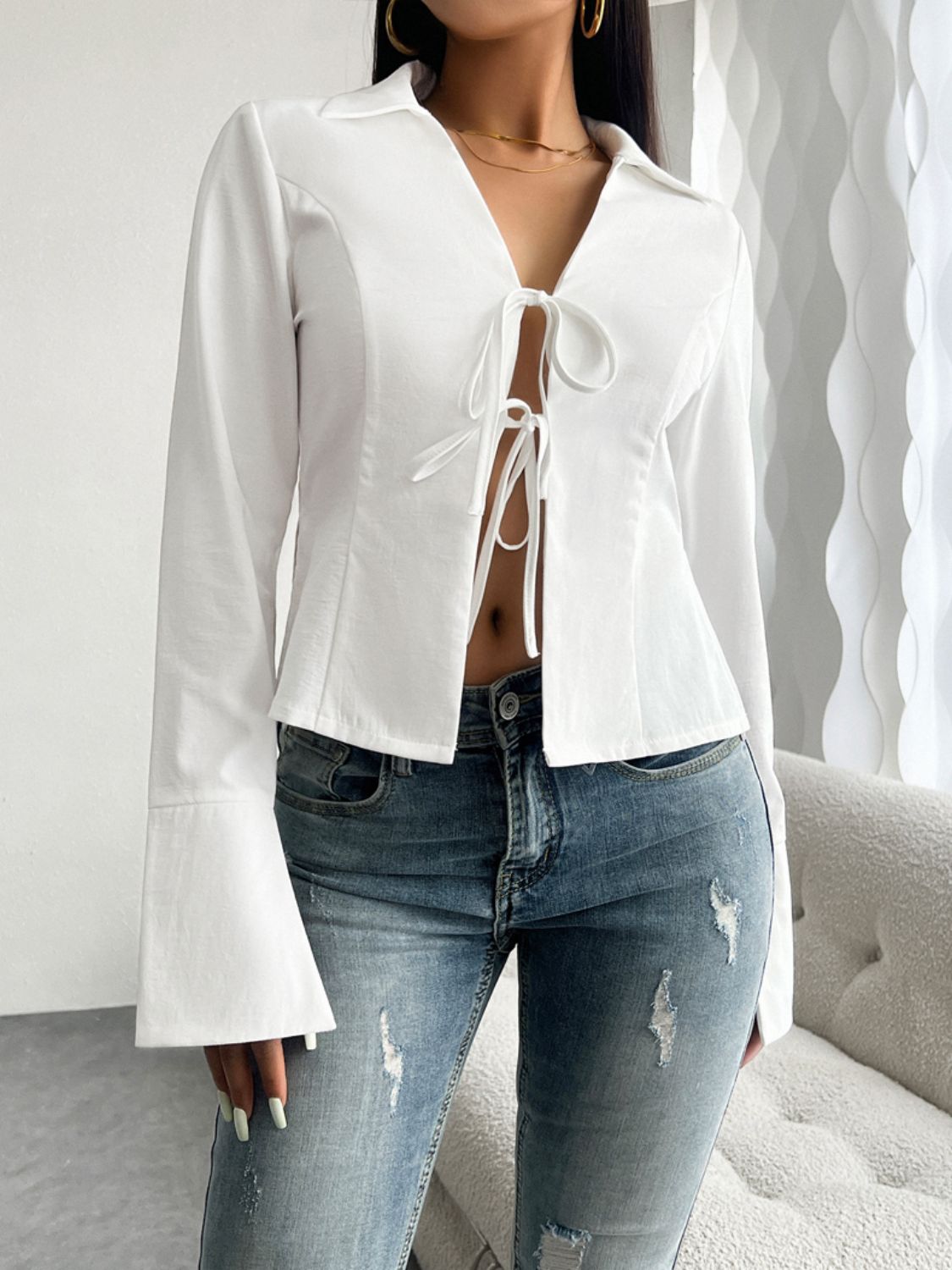 Devine Slit Tied Collared Neck Long Sleeve Blouse - Luxe4Everyday White / S Shirt