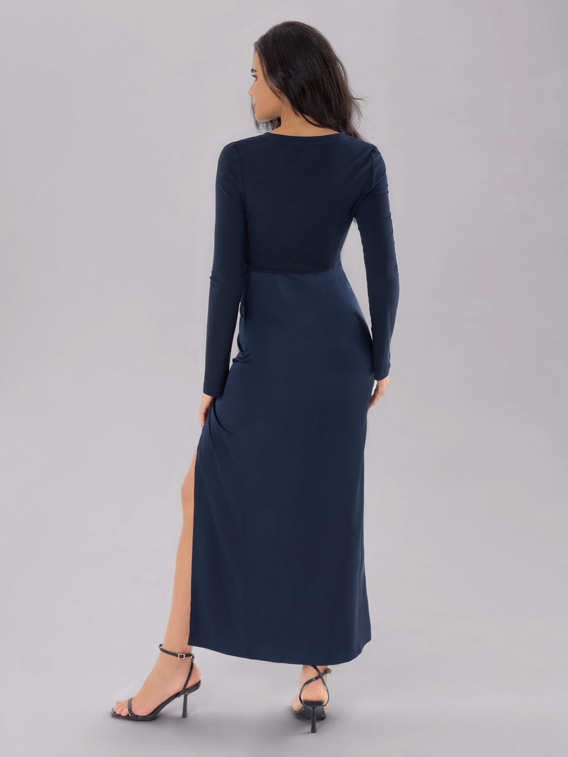 Split Round Neck Long Sleeve Midi Dress - Luxe4Everyday Dark Navy / S Dress