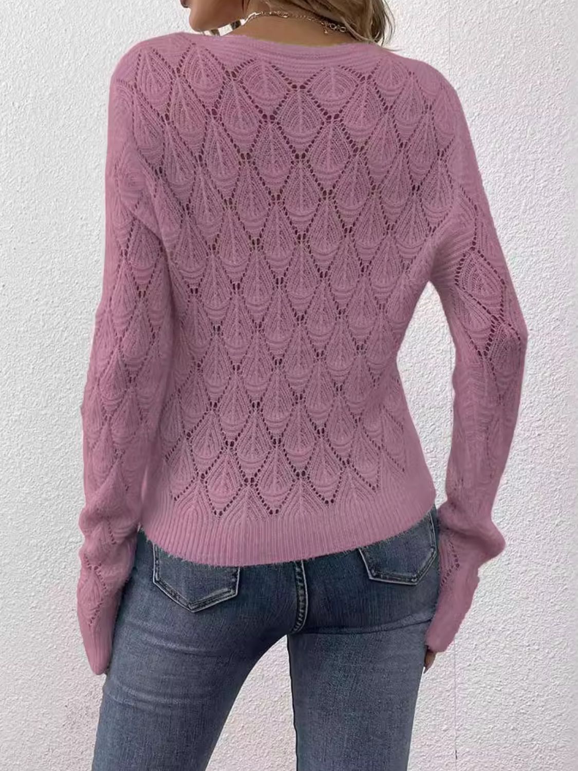 Openwork V-Neck Long Sleeve Sweater - Luxe4Everyday Sweater