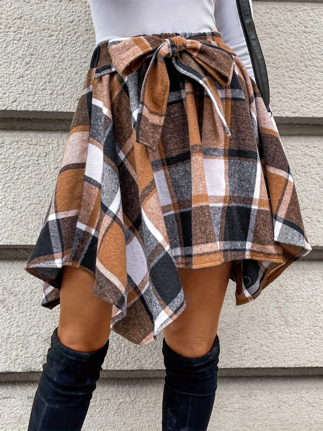 Tied Plaid Asymmetrical Hem Skirt - Luxe4Everyday Caramel / S Skirts