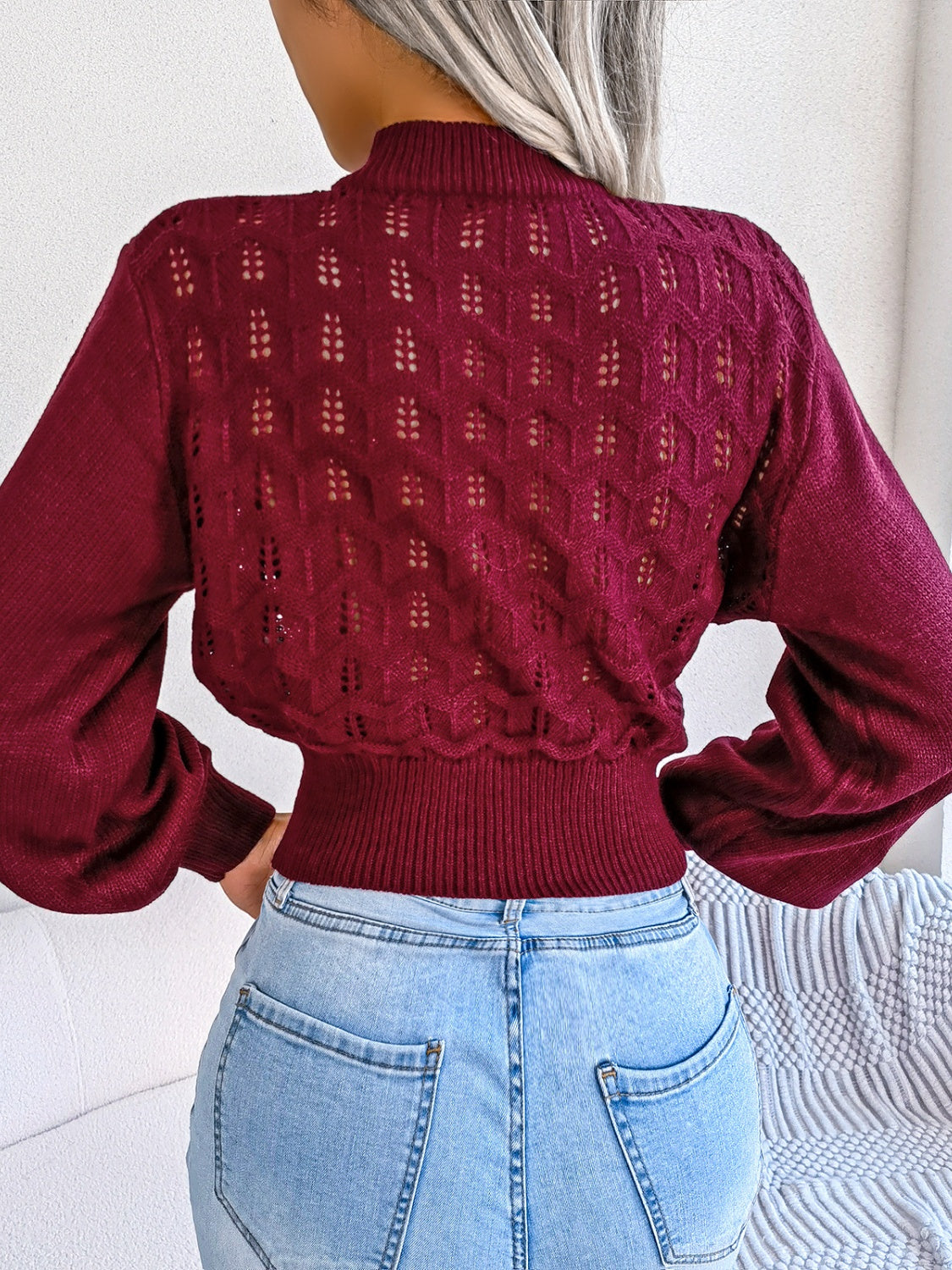 Openwork Mock Neck Long Sleeve Cropped Sweater - Luxe4Everyday Burgundy / S Sweater