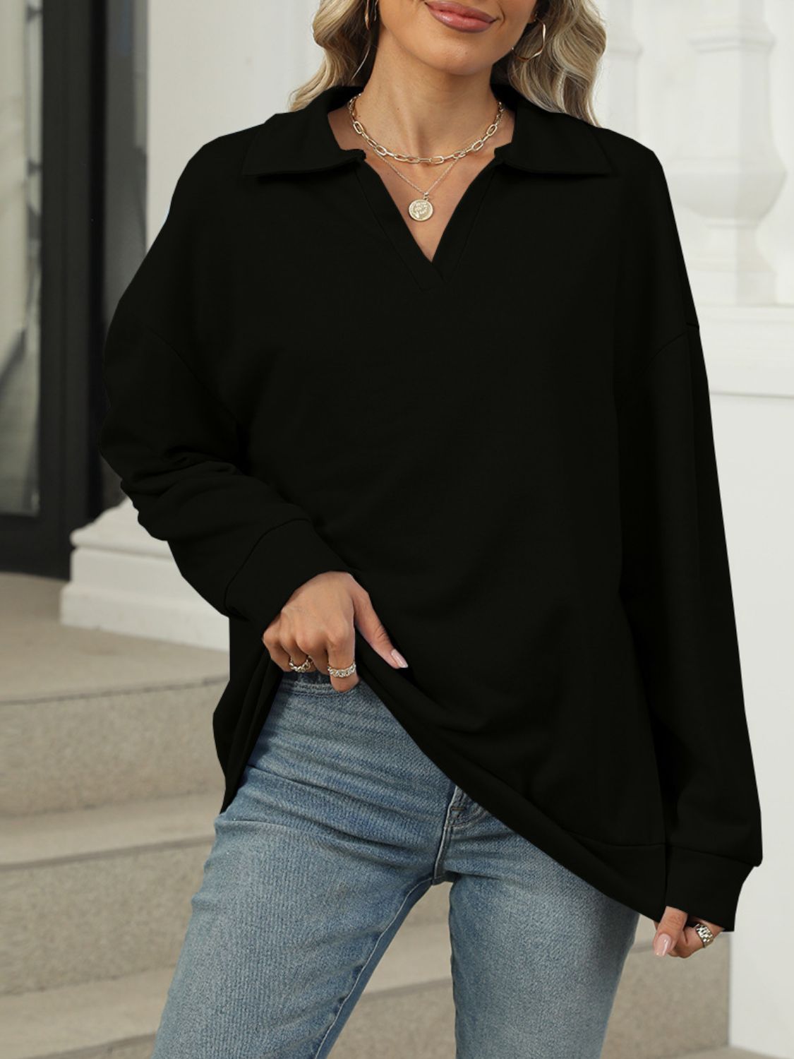 Johnny Collar Long Sleeve Sweatshirt - Luxe4Everyday Black / S Sweater