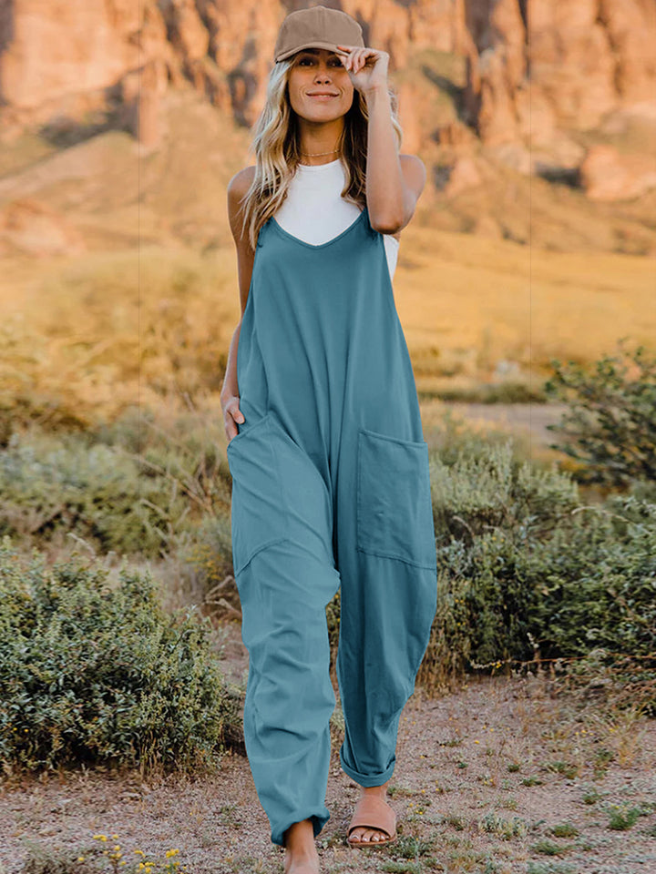 Double Take Full Size V-Neck Sleeveless Jumpsuit with Pockets - Luxe4Everyday Pastel Blue / S Jumpsuit