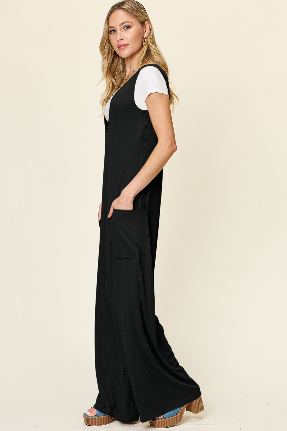 Double Take Full Size Sleeveless Wide Leg Jumpsuit with Pockets - Luxe4Everyday Jumpsuit