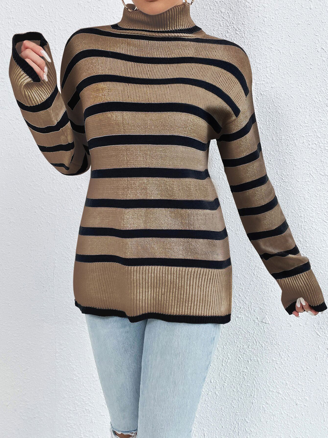 Striped Turtleneck Long Sleeve Sweater - Luxe4Everyday Chestnut / S Sweater