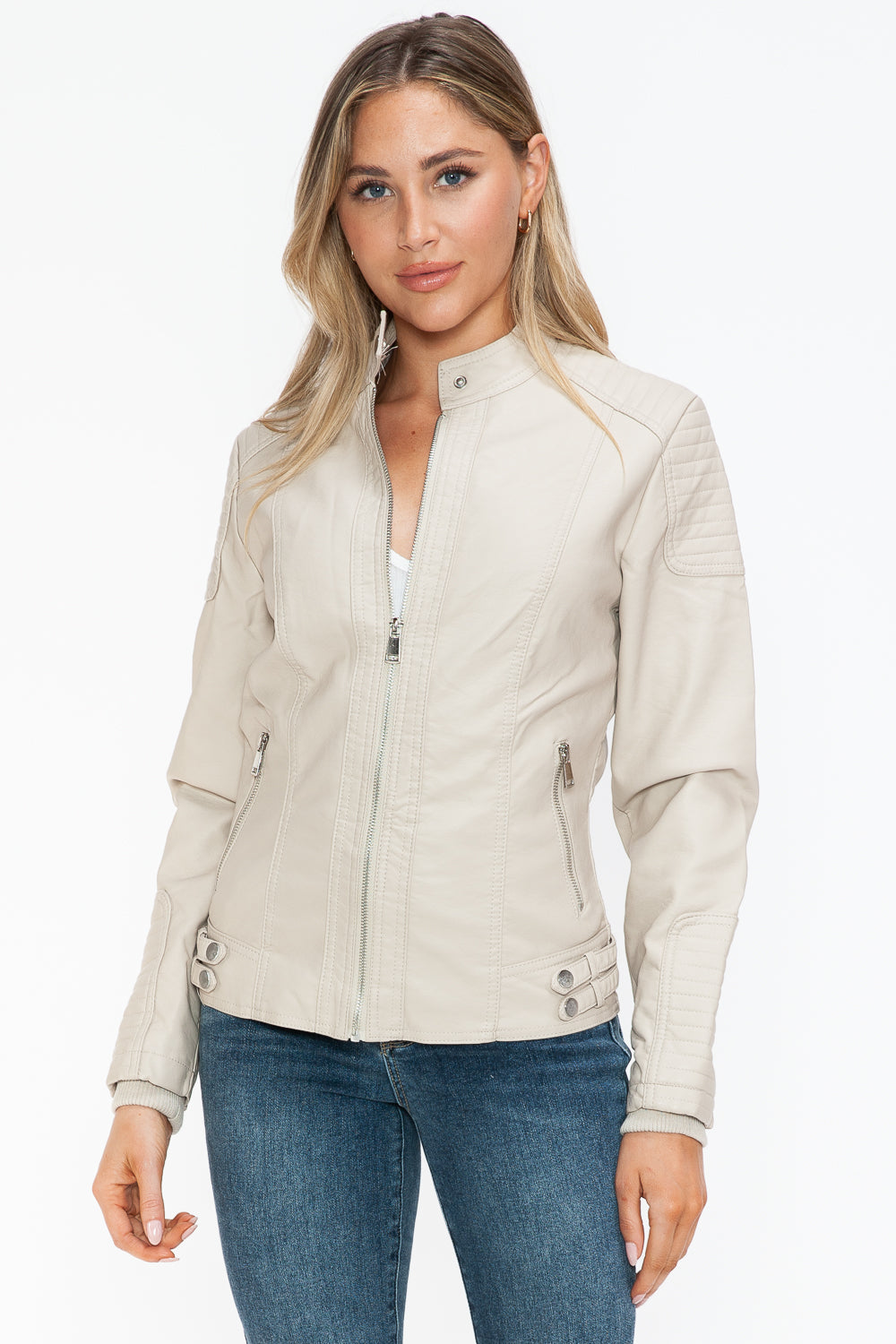 Snobbish Faux Leather Biker Jacket with Side Zip Pockets - Luxe4Everyday Sand / S Jacket