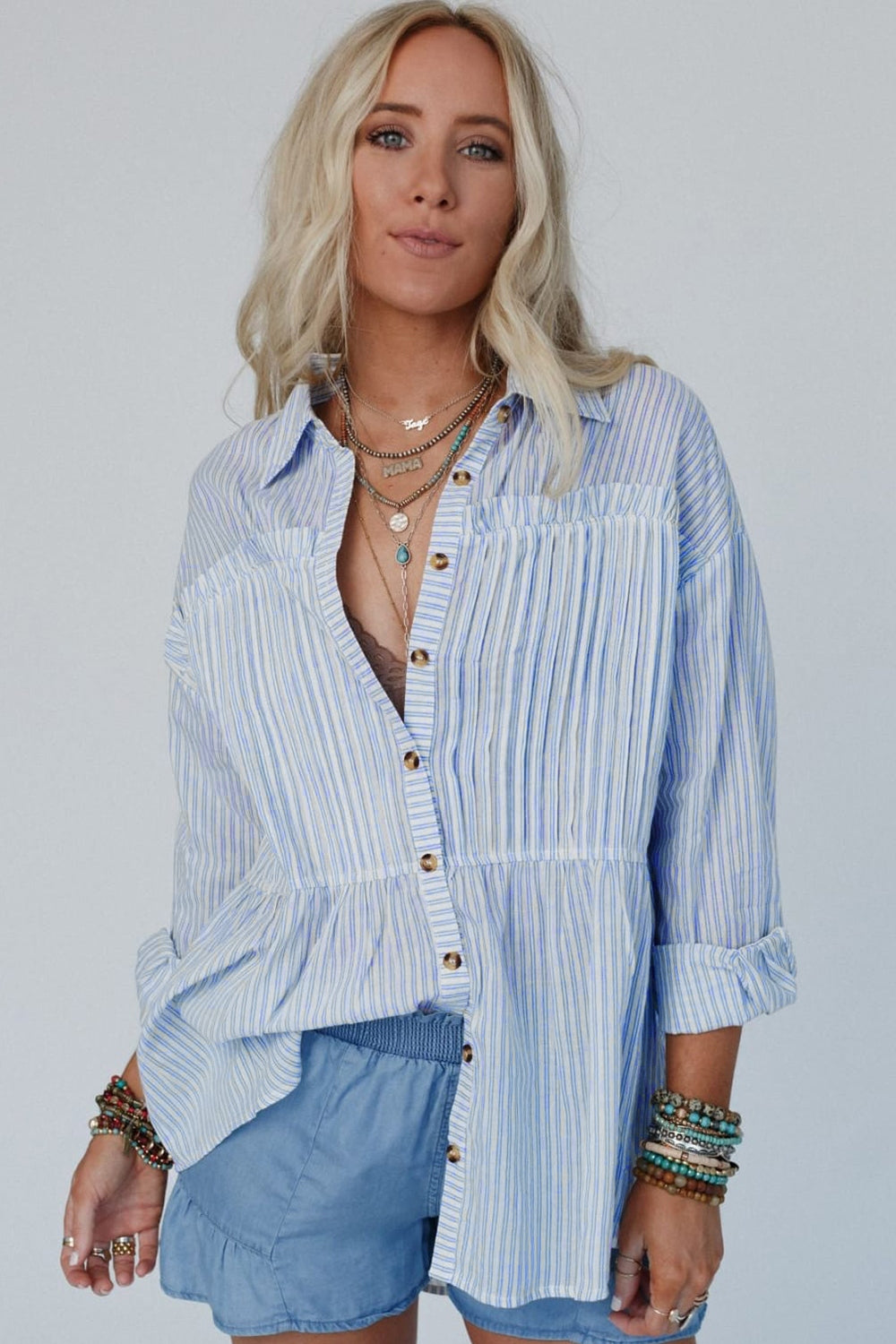 High-Low Striped Collared Neck Long Sleeve Shirt - Luxe4Everyday Light Blue / S Shirts