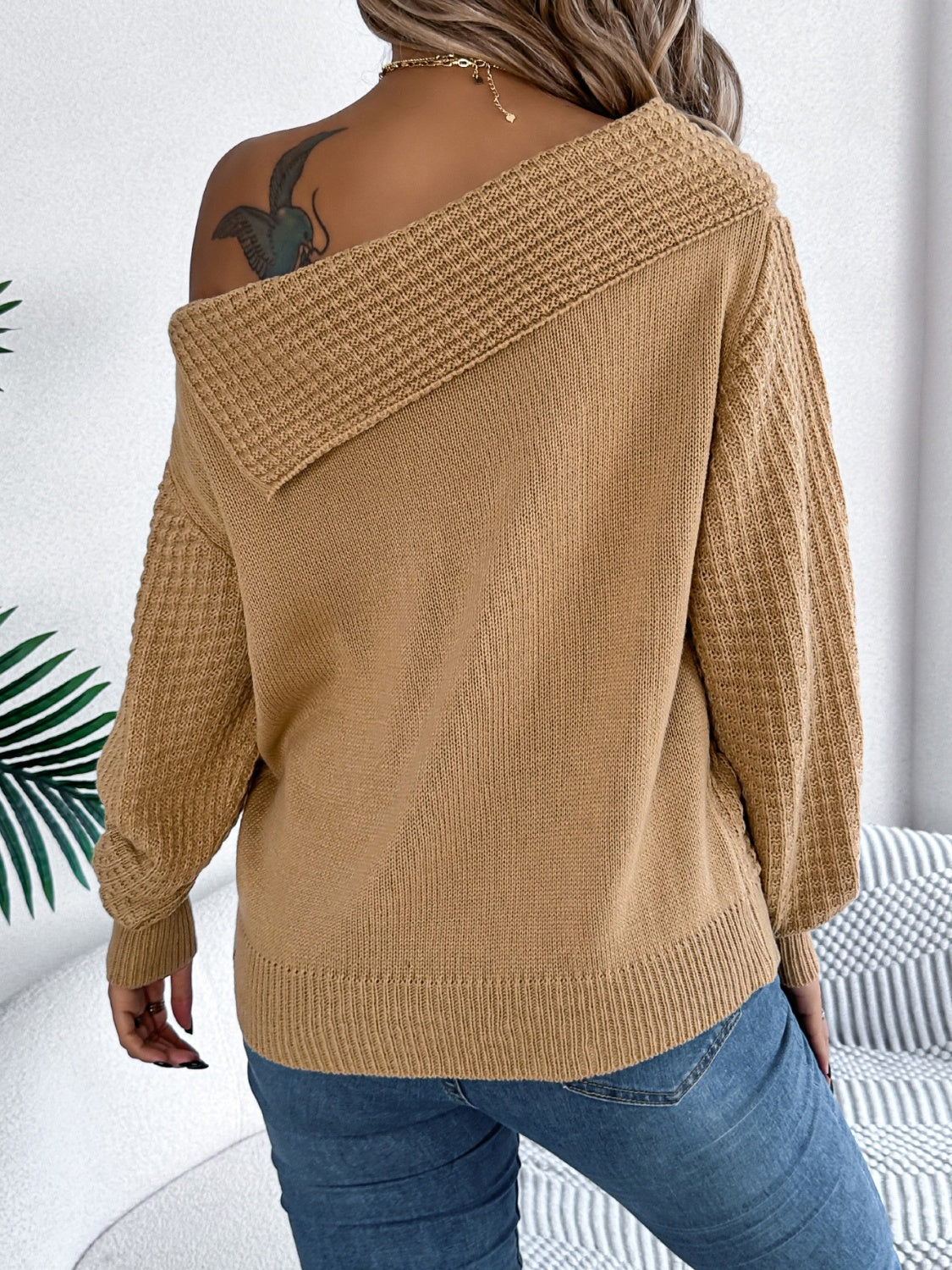 Cable-Knit One Shoulder Long Sleeve Sweater - Luxe4Everyday Sweater