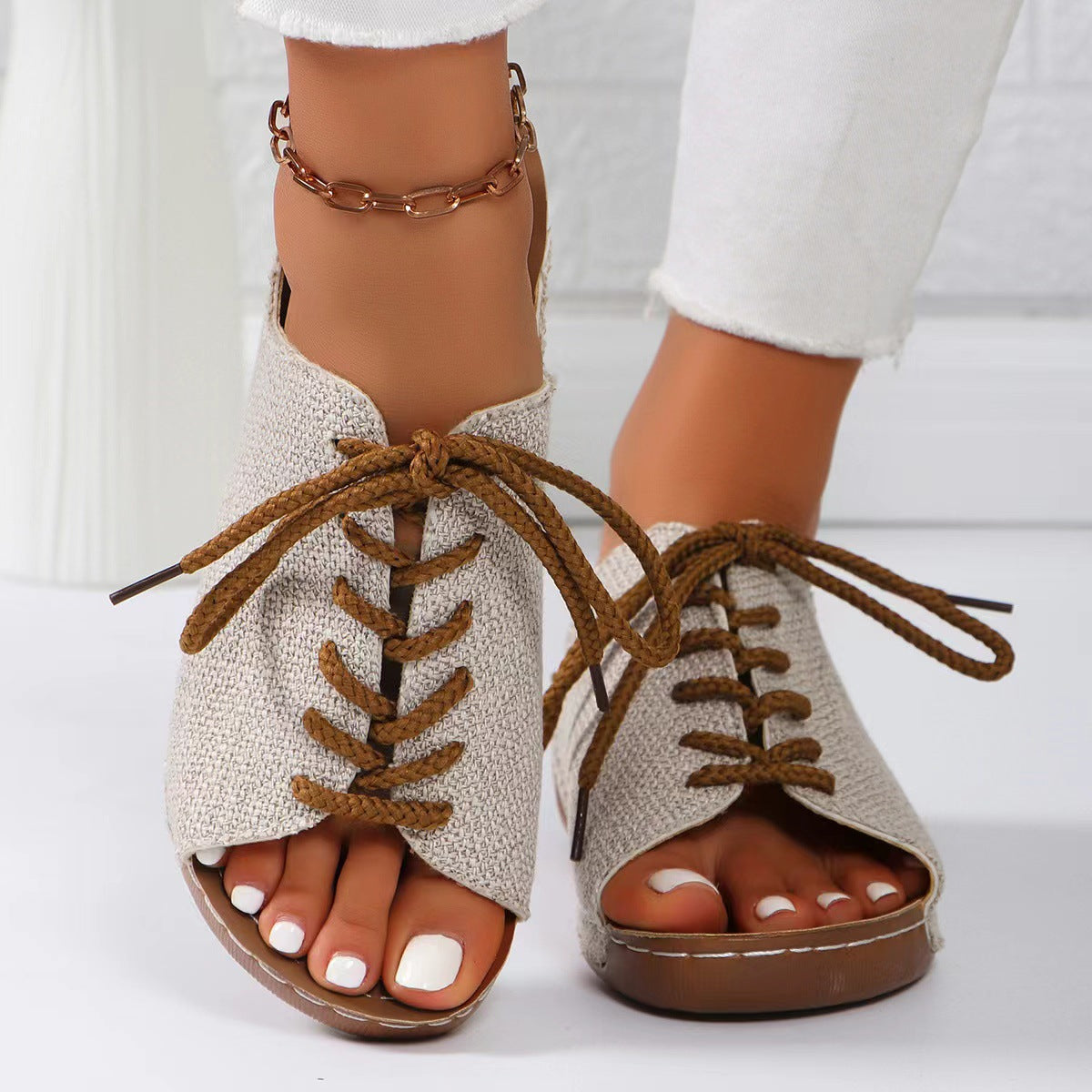 Lace-Up Open Toe Wedge Sandals - Luxe4Everyday Beige / 36(US5) Shoes