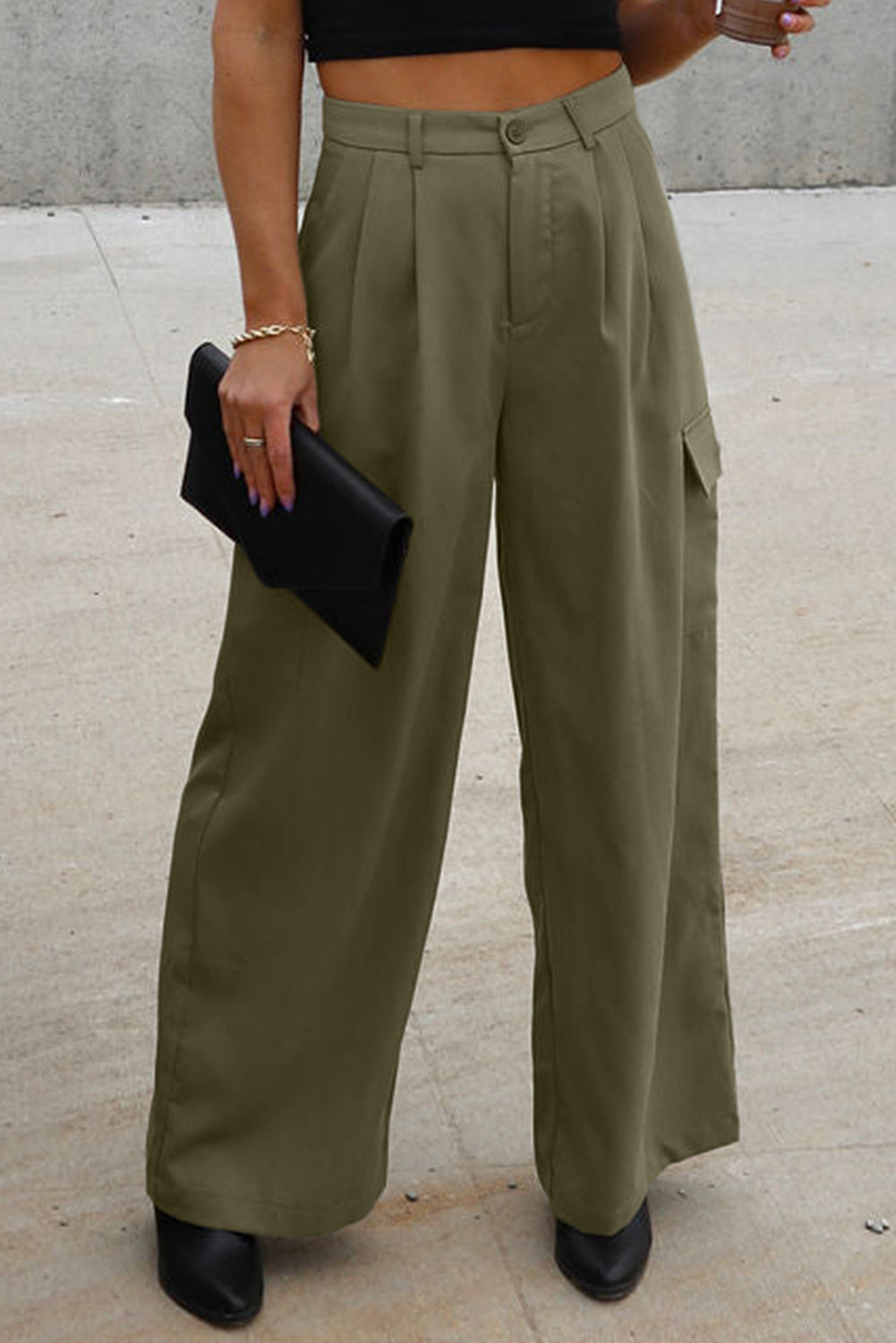 Ruched Wide Leg Pants with Pockets - Luxe4Everyday Army Green / 4 Pants