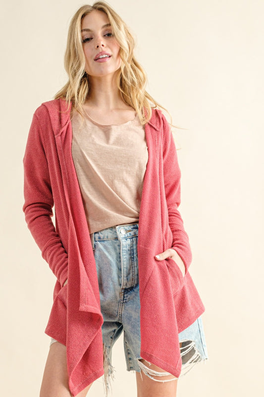 And The Why Full Size Thermal Hooded Open Front Cardigan with Pockets - Luxe4Everyday Rose Pink / S Jacket