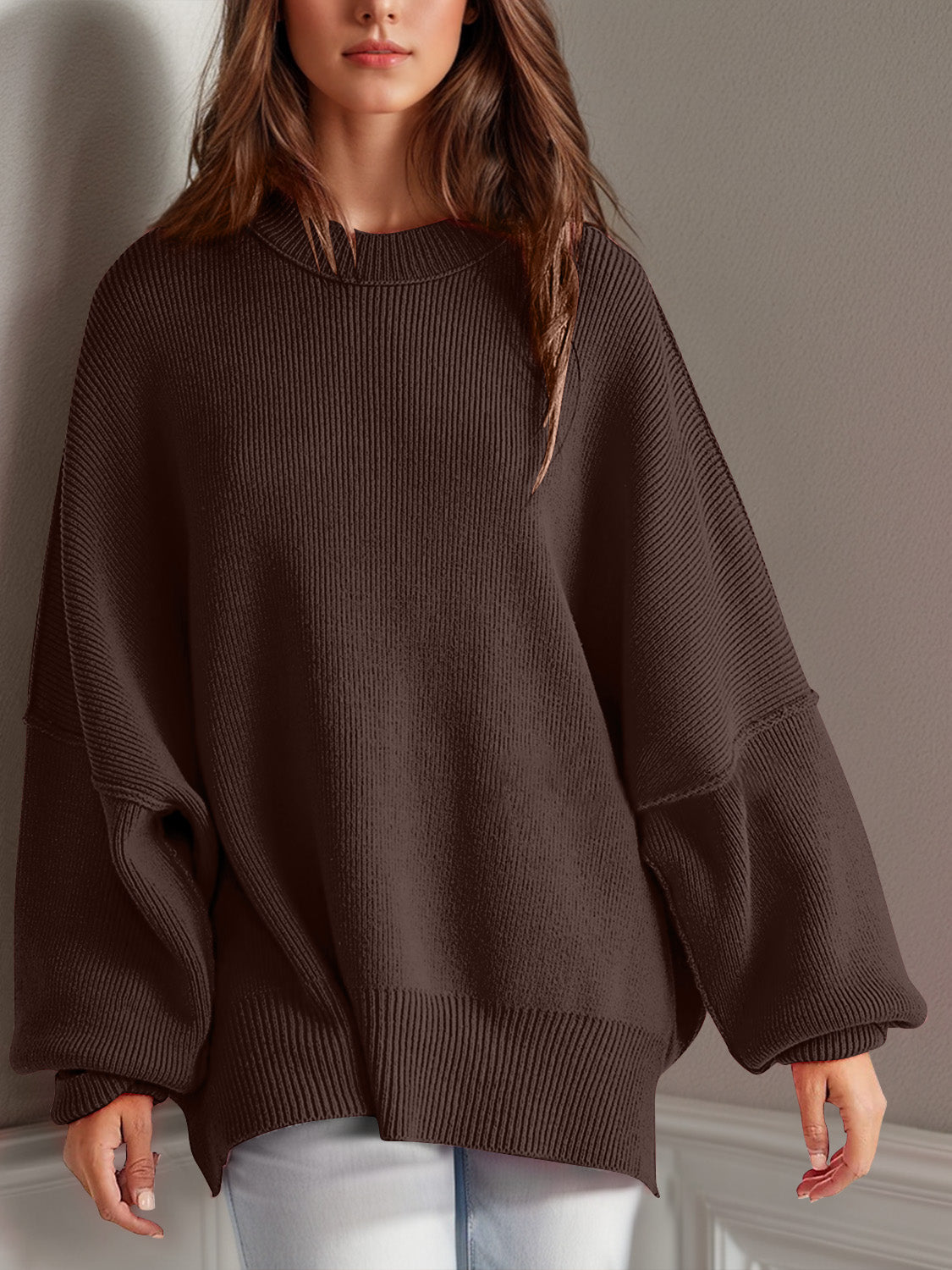 Double Take Side Slit Round Neck Long Sleeve Sweater - Luxe4Everyday Dark Brown / S Sweater