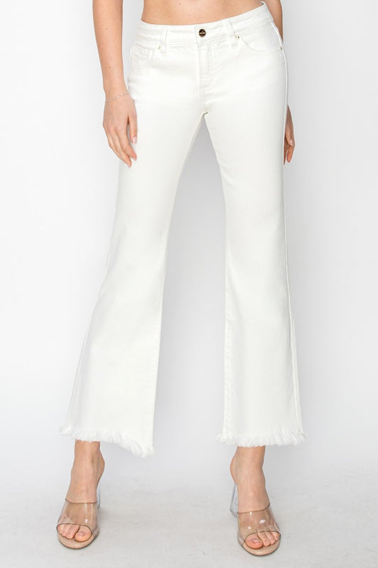 RISEN Full Size Tummy Control Crop Flare Step Hem Pants - Luxe4Everyday White / 0(24) Jeans