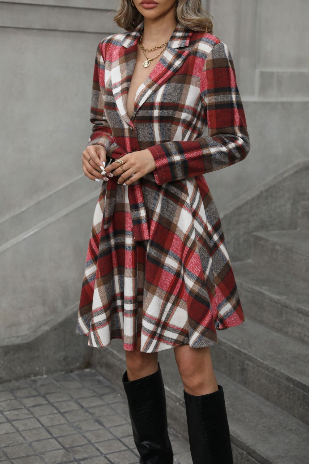 Plaid Tie Waist Long Sleeve Outerwear - Luxe4Everyday Coat