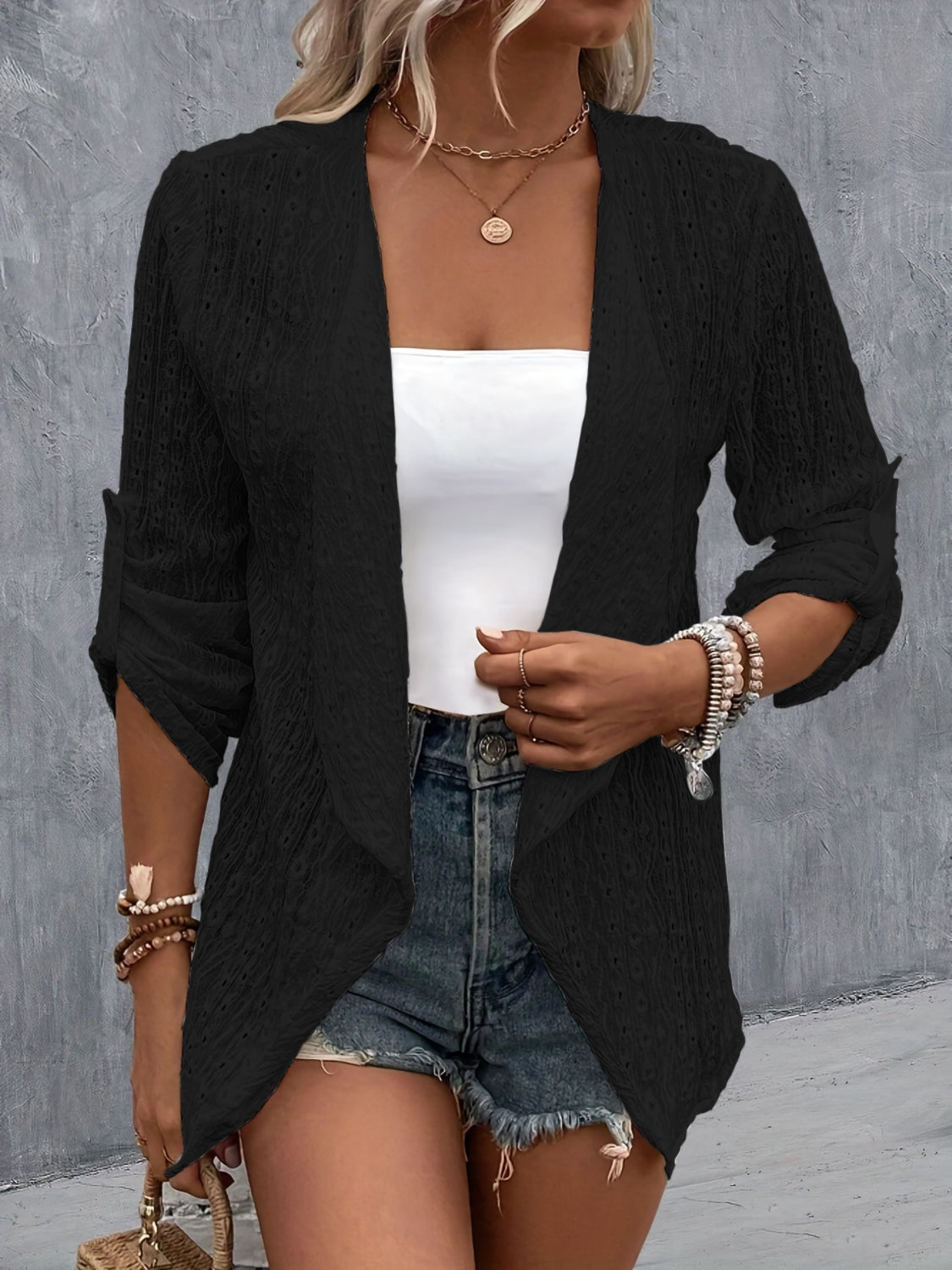 Eyelet Roll-Tab Sleeve Cardigan - Luxe4Everyday Black / S Jacket