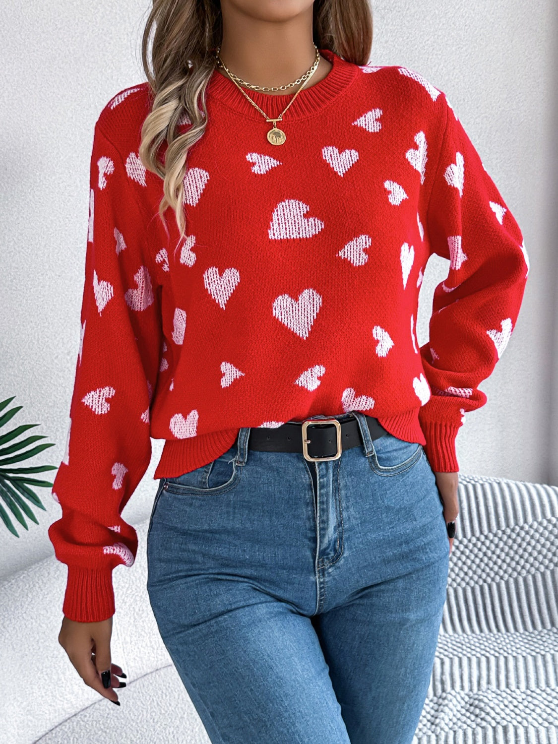 Heart Round Neck Long Sleeve Sweater - Luxe4Everyday Orange-Red / S Sweater