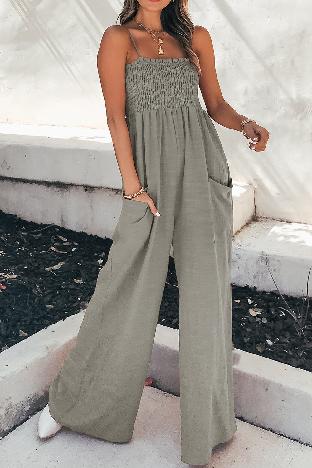 Smocked Spaghetti Strap Wide Leg Jumpsuit - Luxe4Everyday Gray / S Jumpsuit