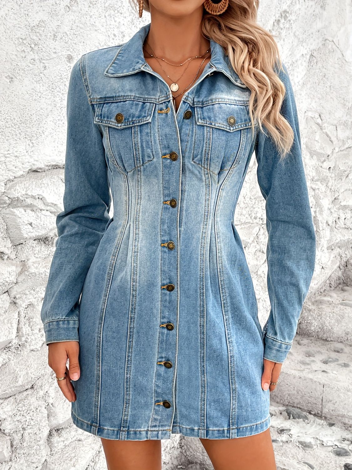 Pocketed Button Up Long Sleeve Denim Dress - Luxe4Everyday Dress