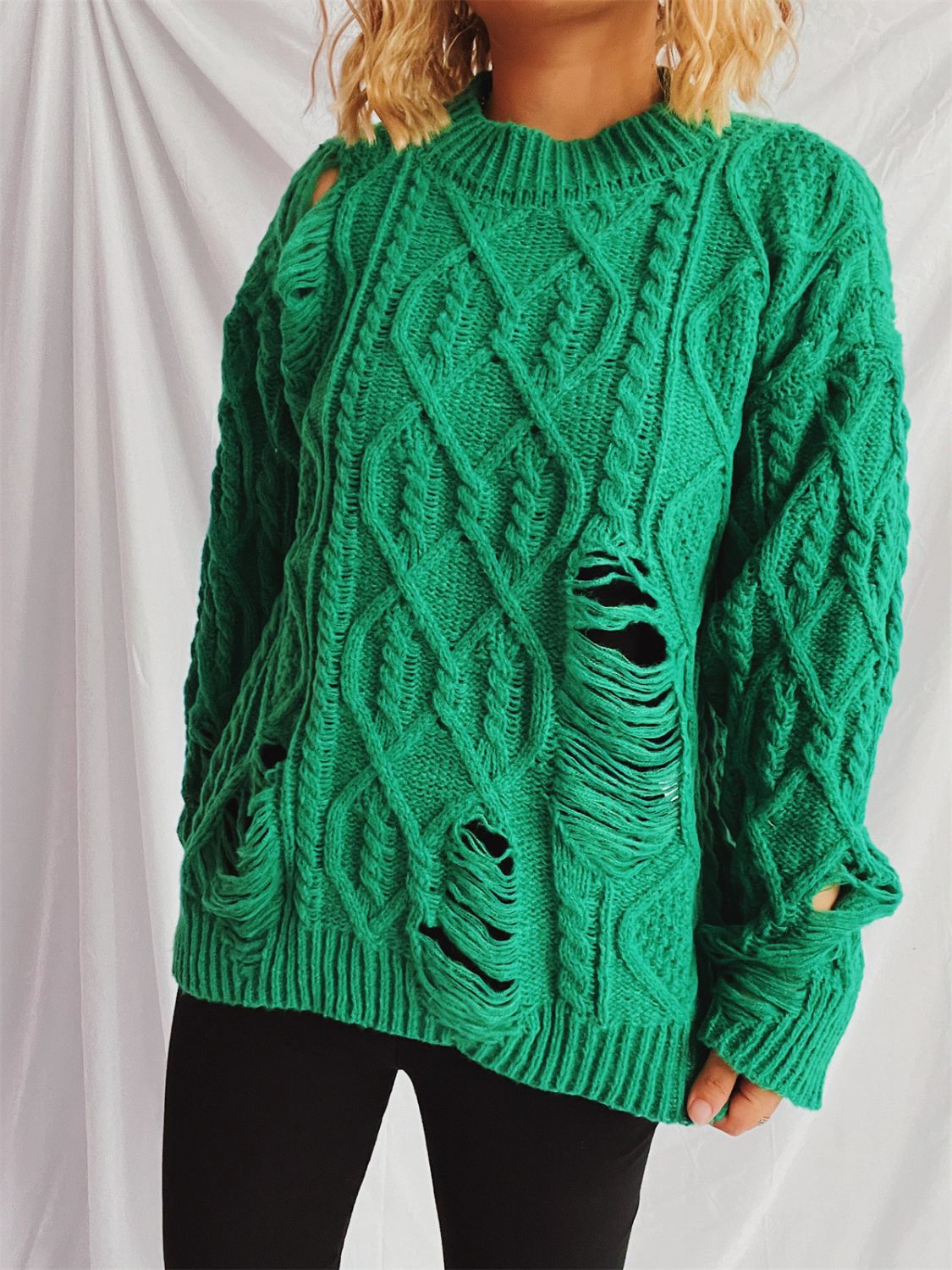 Distressed Cable-Knit Round Neck Long Sleeve Sweater - Luxe4Everyday Sweater