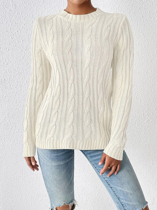 Cable-Knit Round Neck Sweater - Luxe4Everyday Ivory / S Sweater