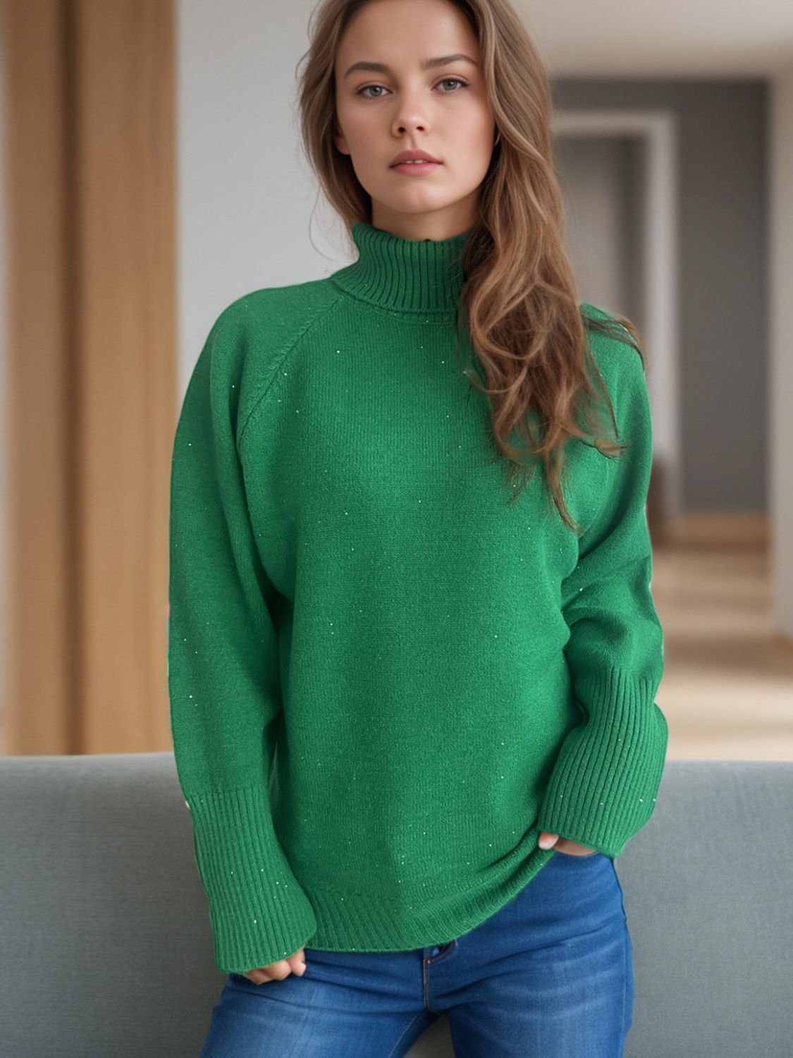 Turtleneck Raglan Sleeve Sweater - Luxe4Everyday Dark Green / One Size Sweater