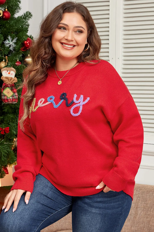 Plus Size MERRY Round Neck Long Sleeve Sweater - Luxe4Everyday Deep Red / 1XL Sweatshirt