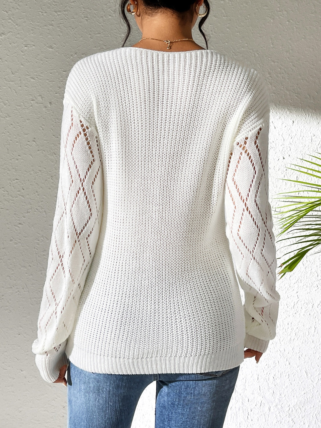 Openwork V-Neck Long Sleeve Sweater - Luxe4Everyday Sweater