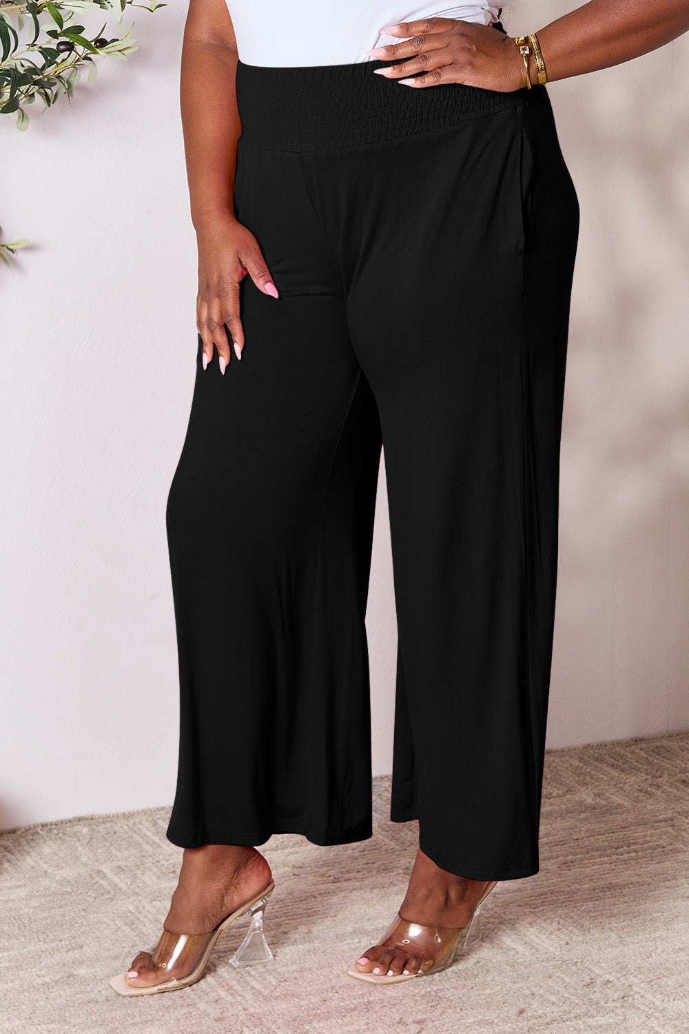 Double Take Full Size Smocked Wide Waistband Wide Leg Pants - Luxe4Everyday Pants