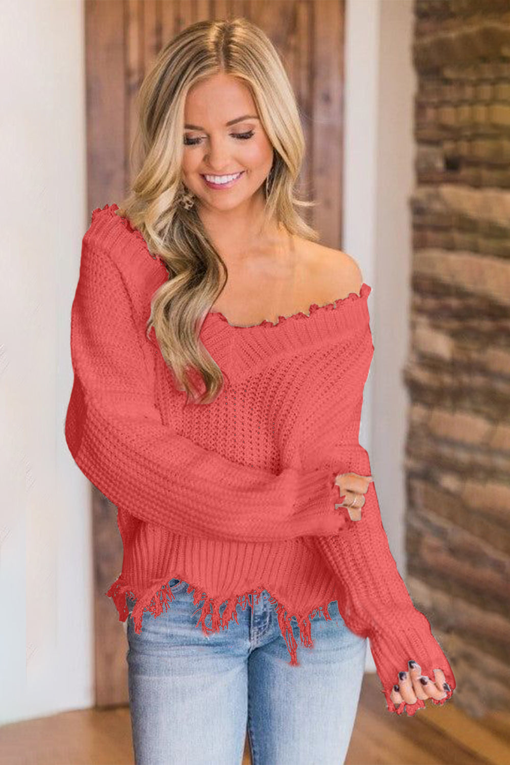 Frayed Hem Dropped Shoulder Sweater - Luxe4Everyday Sweater