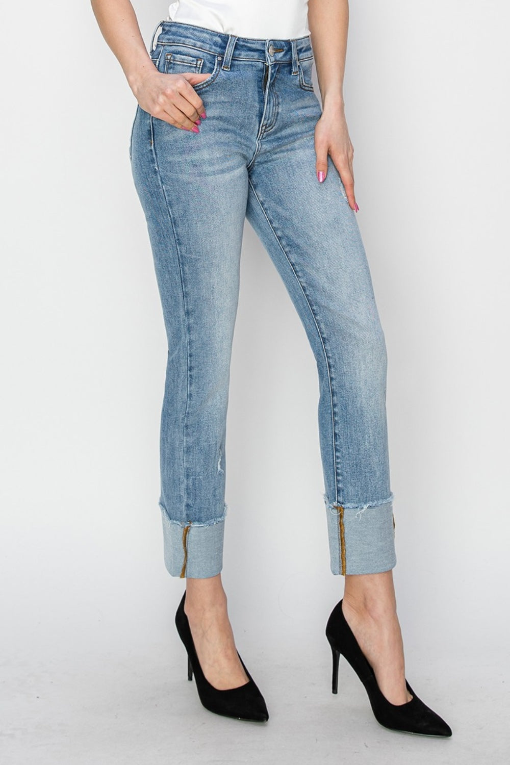 RISEN Full Size High Rise Cuffed Slim Straight Jeans - Luxe4Everyday Jeans