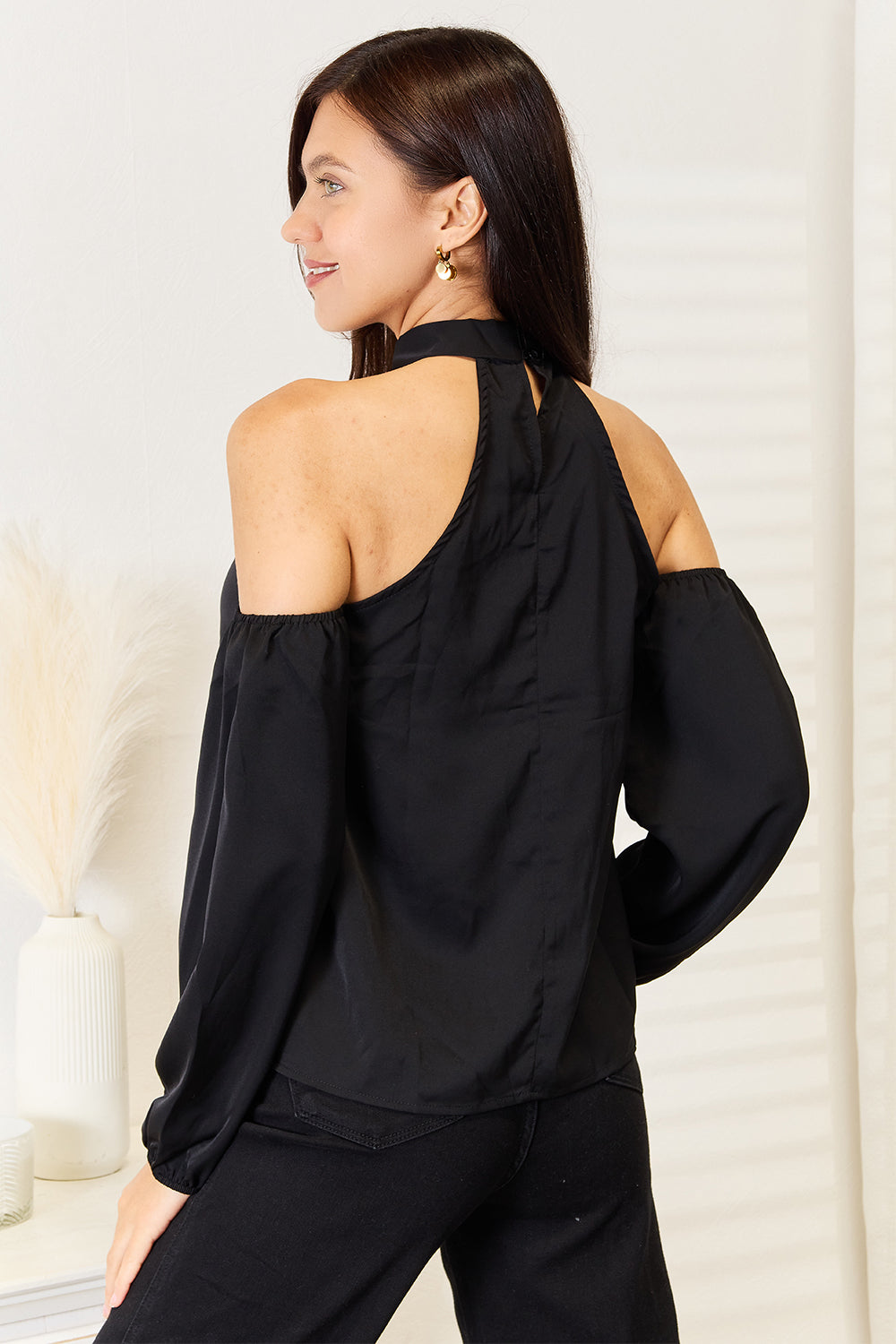 Perfee Grecian Cold Shoulder Long Sleeve Blouse - Luxe4Everyday Shirt