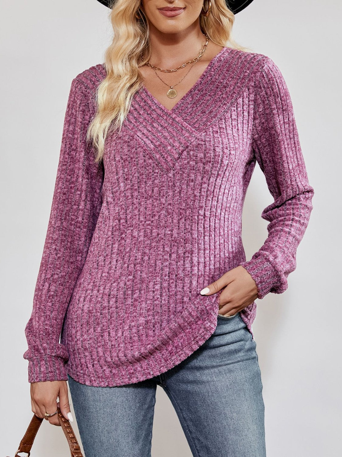 V-Neck Ribbed Long Sleeve Top - Luxe4Everyday Lilac / S Shirt